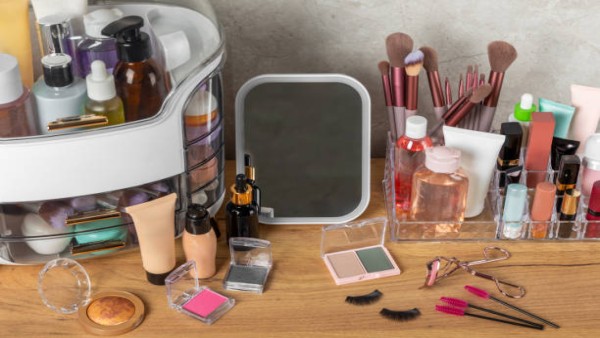 Ilustrasi koleksi makeup dan alat rias yang disimpan rapi dalam organizer transparan.